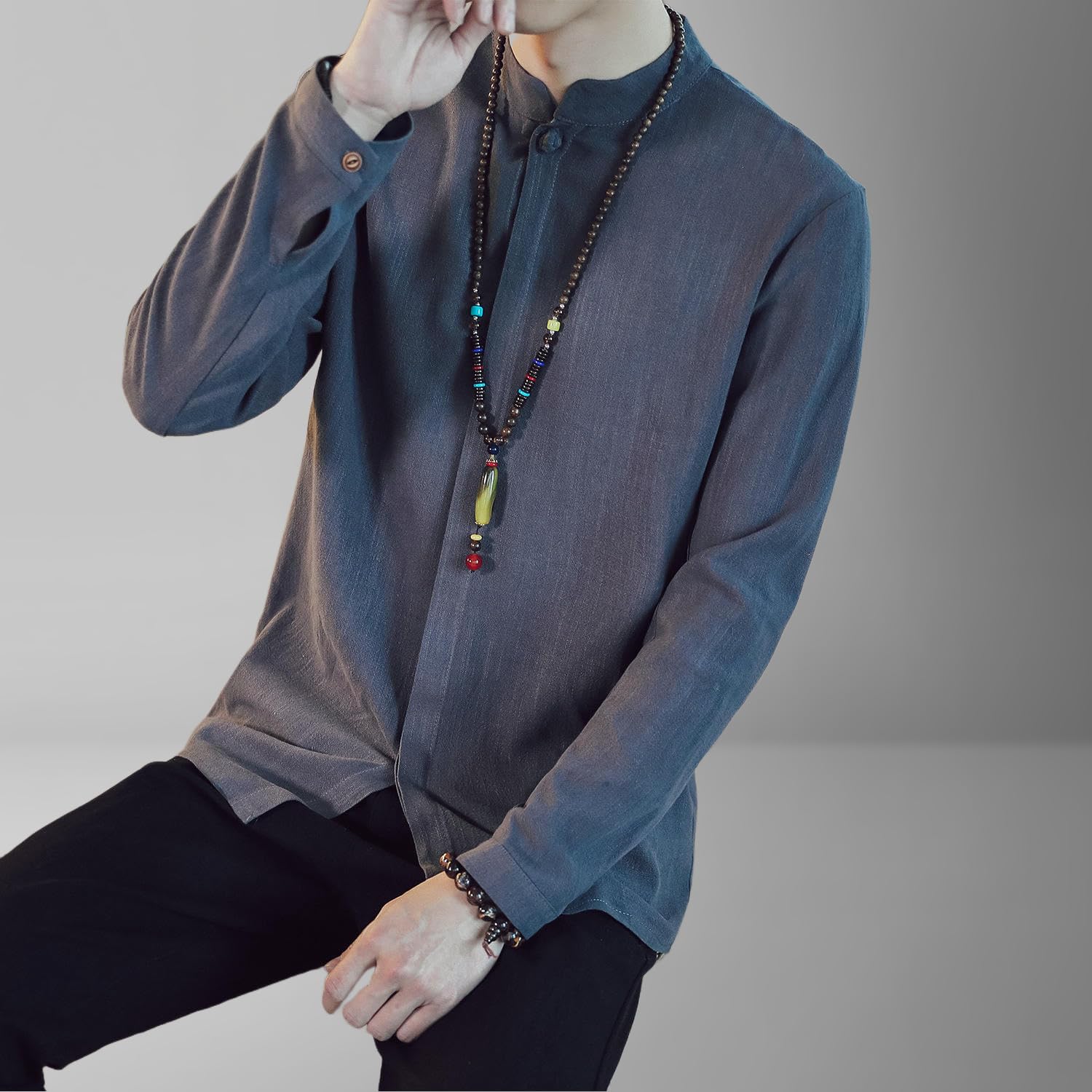 Camisa de manga larga para hombre, de lino y algodón, con cuello alto, estilo chino, primavera y otoño