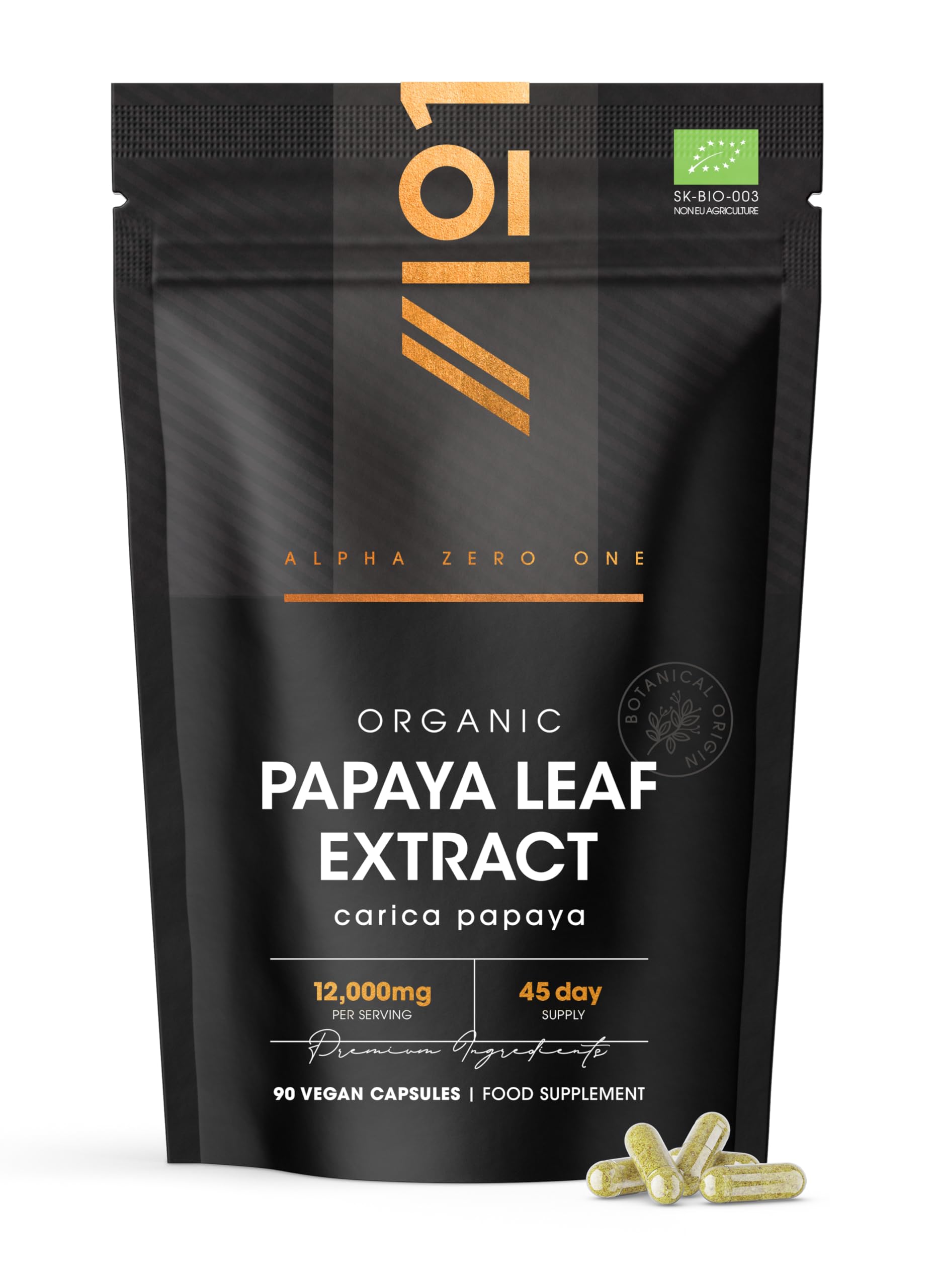 Organic Papaya Leaf Extract 12,000mg - High Strength Carica Papaya Extract – 90 Vegan Capsules – Resealable and Recyclable Pouch by Alpha01