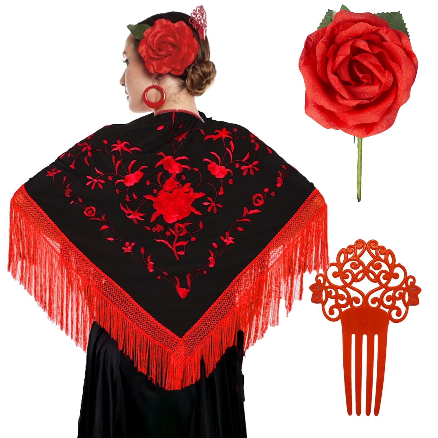 Genérico Châle de Manille pour femme Flamenca, châle brodé + rose flamant rose pour les cheveux + peigne flamant rose + accessoires Foire d'avril