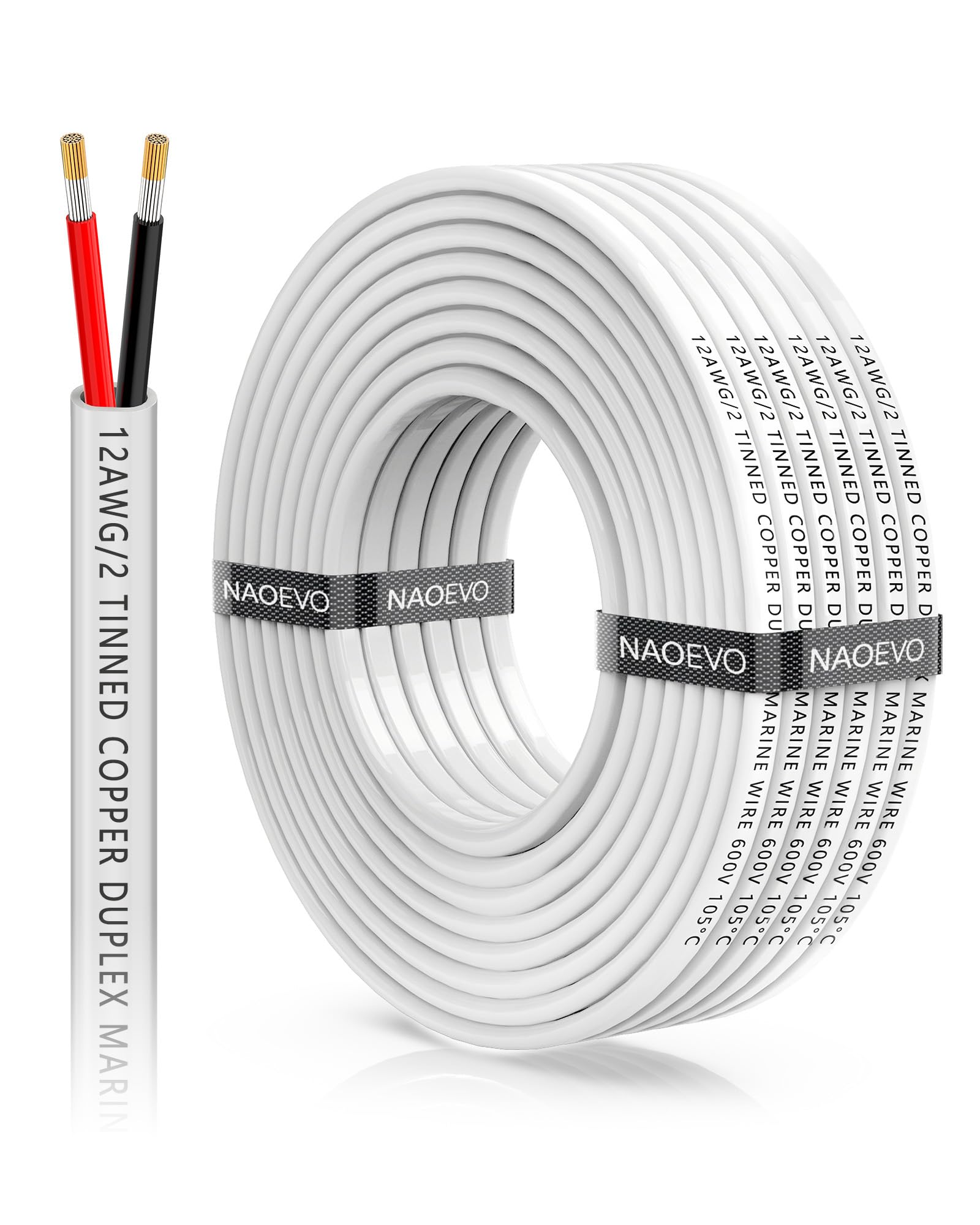 NAOEVO 12 Gauge Marine Wire Duplex, 12 AWG Stranded PVC Marine Electrical Wire, Waterproof/Corrosion Resistant/Tinned Copper Electrical Cable for Boat/Automotive/RV/Solar (30FT) — image 1