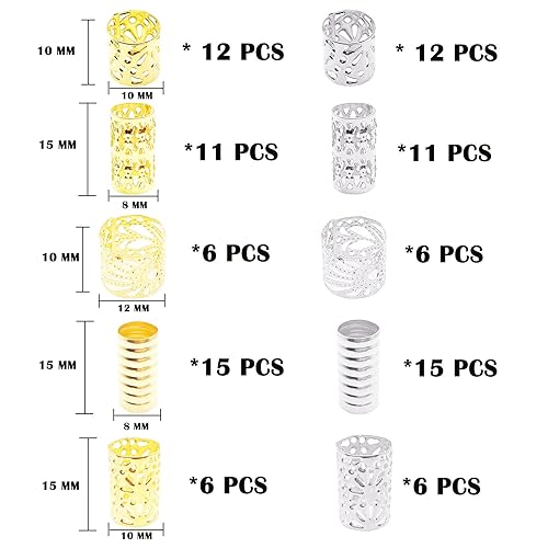 Miniatura 3 de Flosius 100 cuentas de hierro de metal para mujer trenzas accesorios para el cabello dorados anillos para el cabello plateados puños ajustables