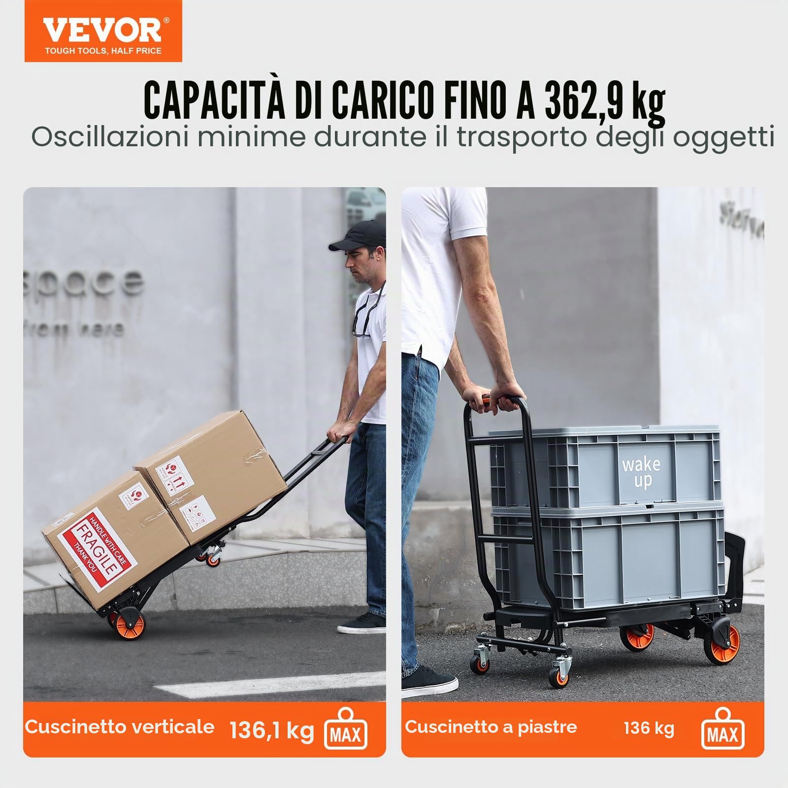 VEVOR Carrello a Mano Pieghevole in Alluminio, Carrello Portacarichi Max. 136kg, Piattaforma Ruote per Trasporto di Merci da Magazzino