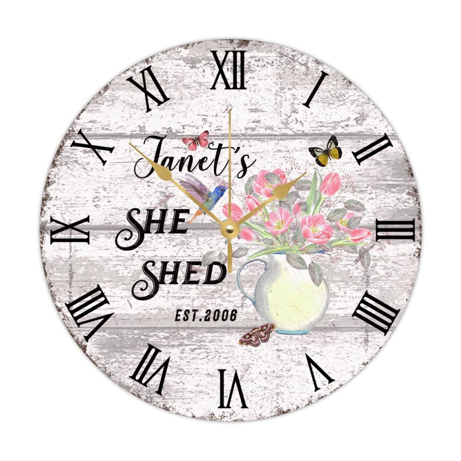 Horloge ronde en bois personnalisée rétro et fleurie de 38 cm