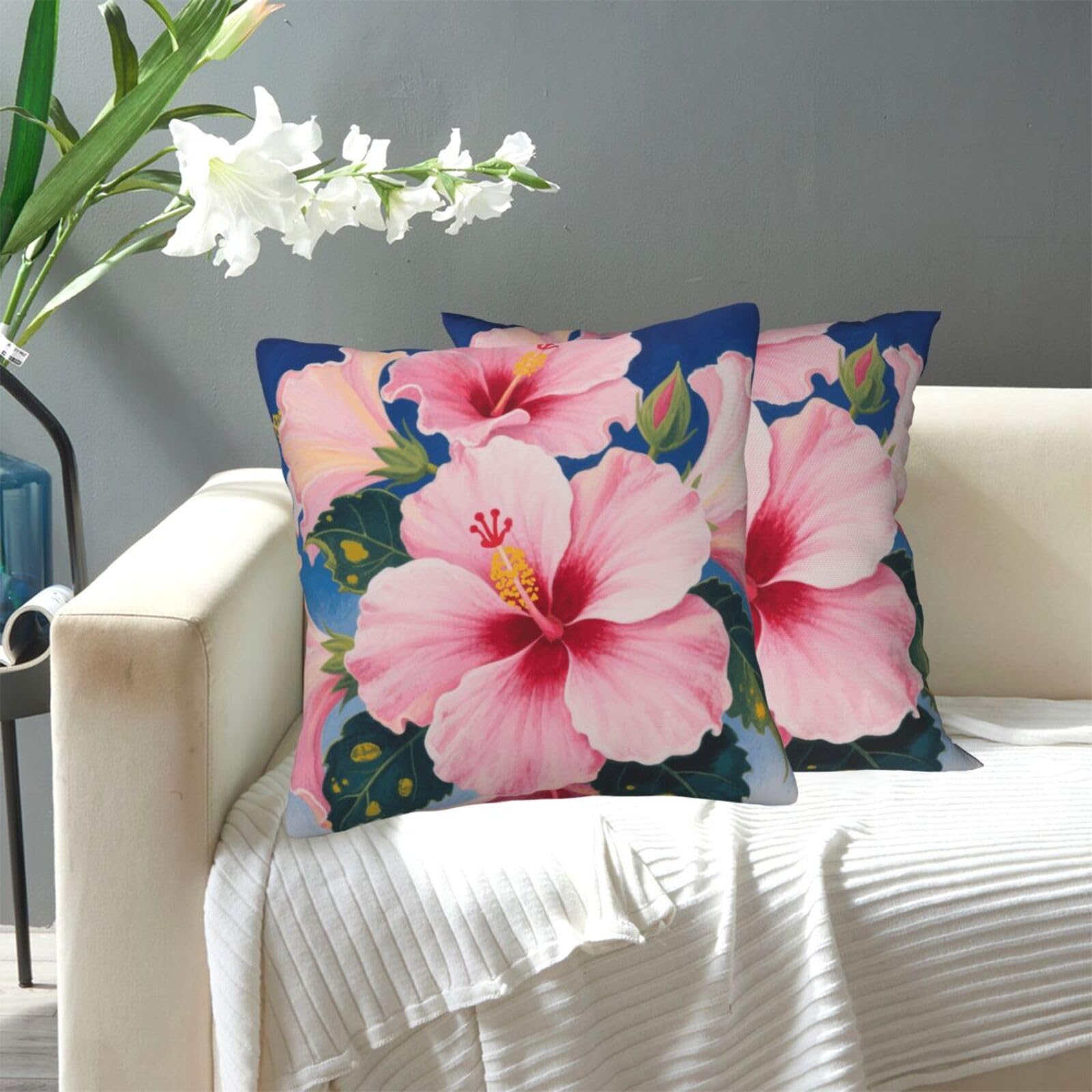 FekiLoot Decorative Throw Pillow Covers Modern Farmhouse Pillowcase Double Sided Cozy Cushion Cover for Sofa Couch Bed 18"X18" Blooming Hibiscus