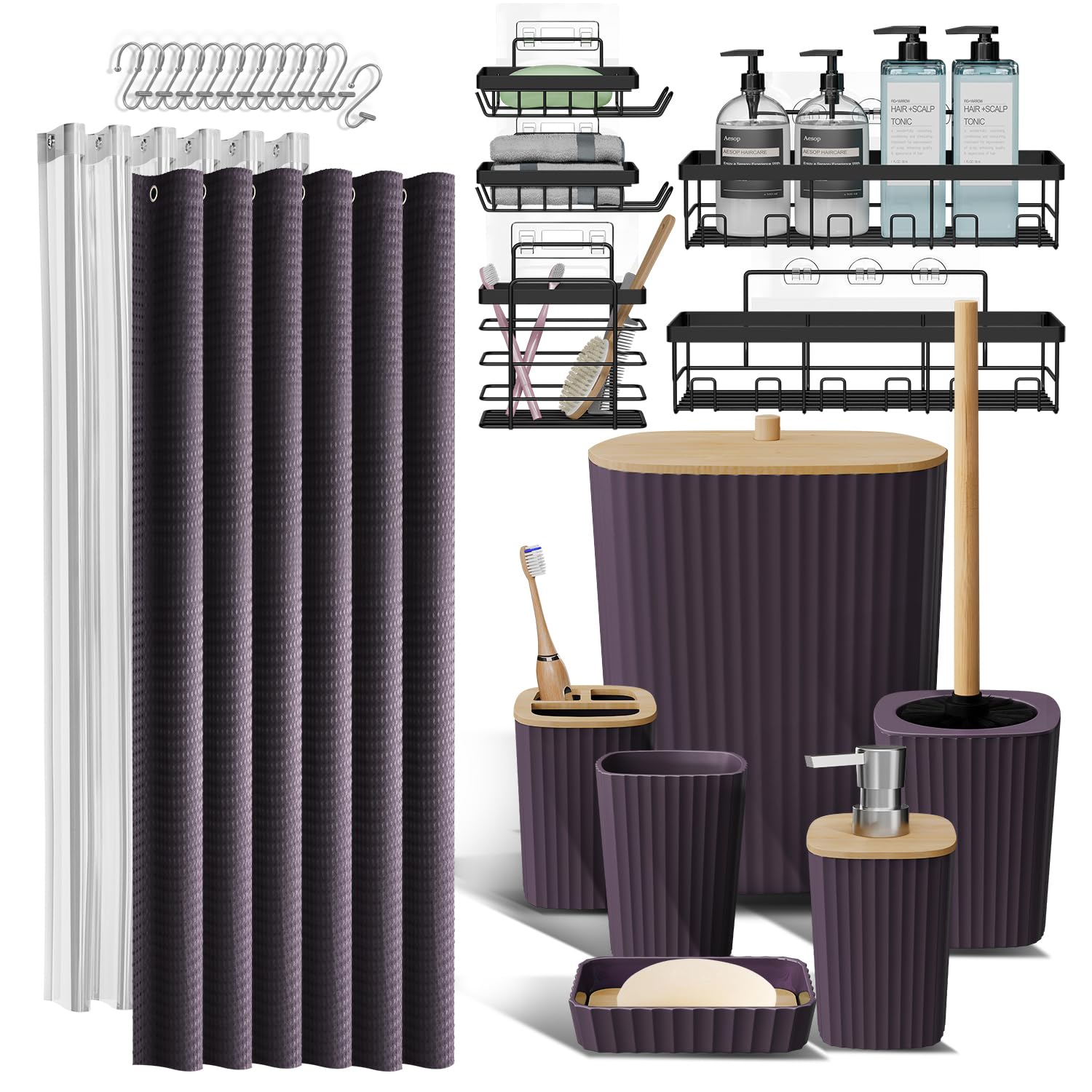 Shower Caddy and Bathroom Accessories Set, 25PC Bathroom Accessory Set with Shower Caddy for Bathroom Storage, Purple Shower Curtain Set, Toilet Brush, Trash Can, Soap Dispenser, Toothbrush holder