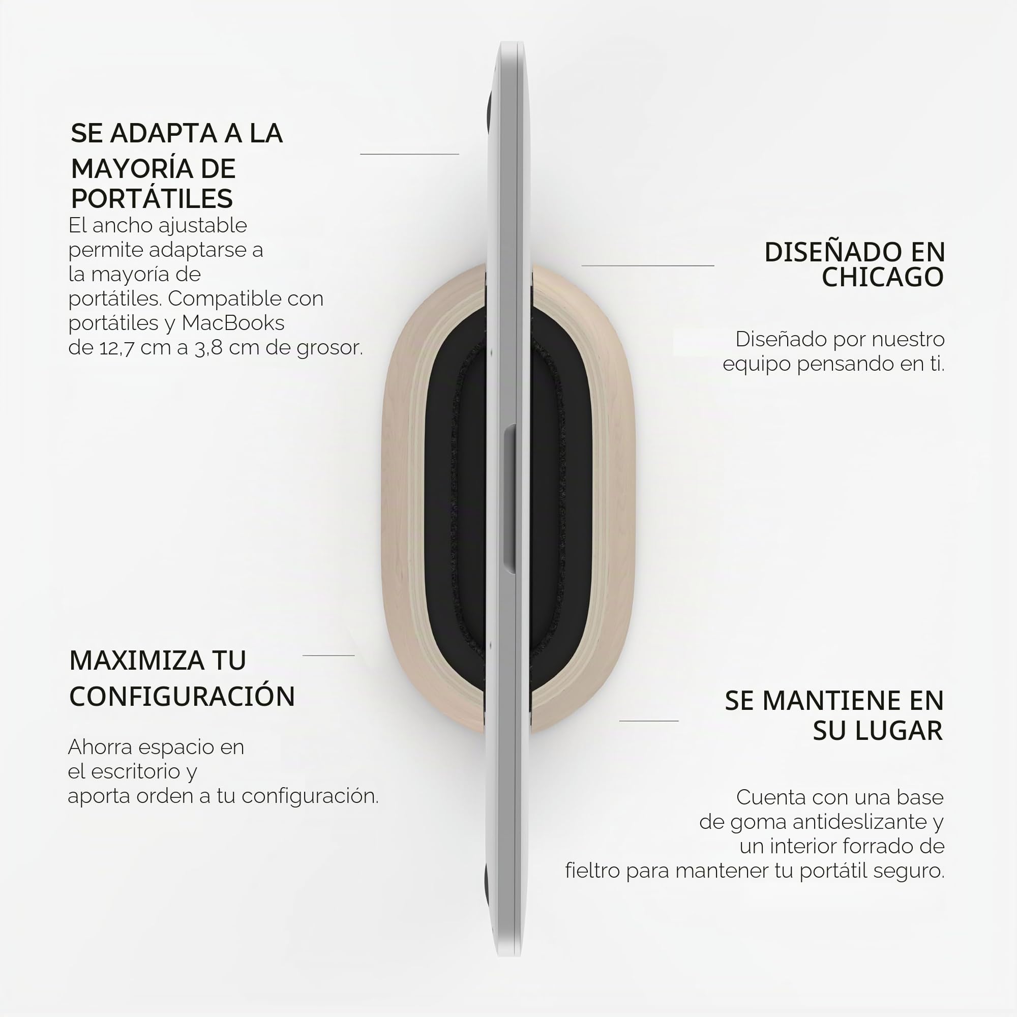 HumanCentric Soporte Vertical para Laptop Soporte Ajustable y Muelle, Soporte Vertical para Laptop para MacBook Pro y Otros portátiles de 0.5 a 1.5 Pulgadas, Madera de Nogal Negro