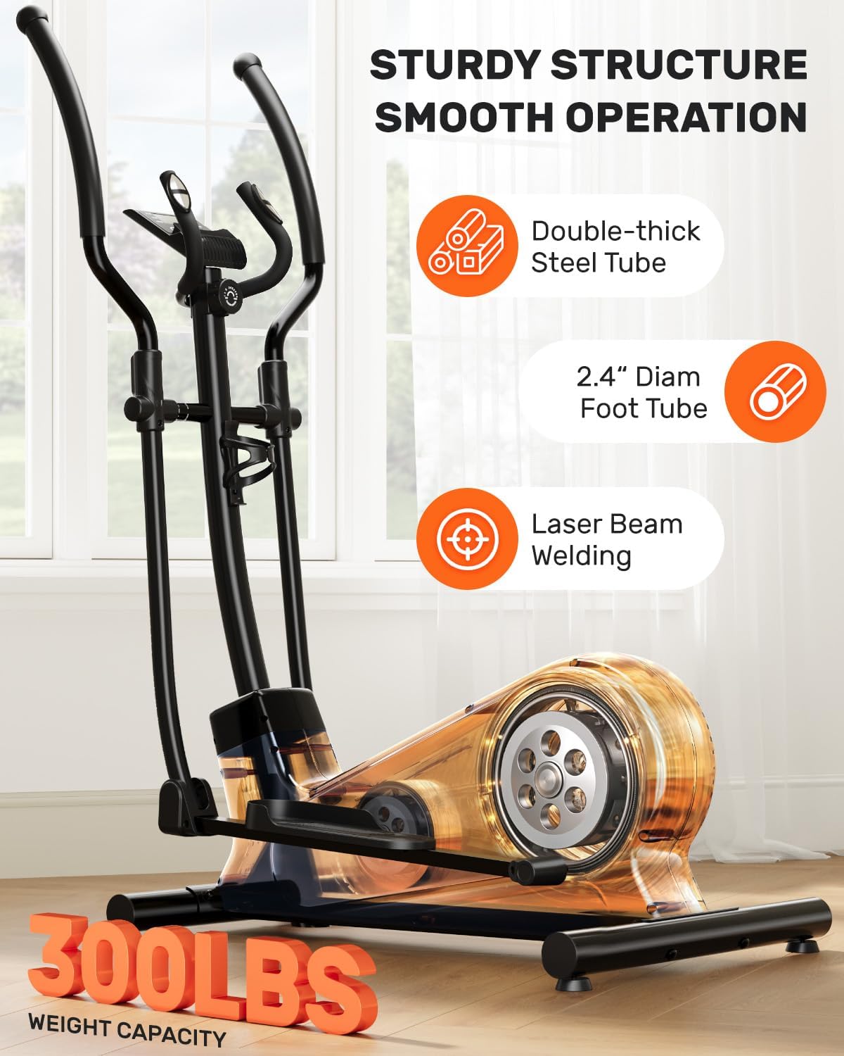 Image highlighting the sturdy construction of the elliptical machine, showing double-thick steel tube, 2.4 inch diameter foot tube, and laser beam welding, with a 300 lbs weight capacity.