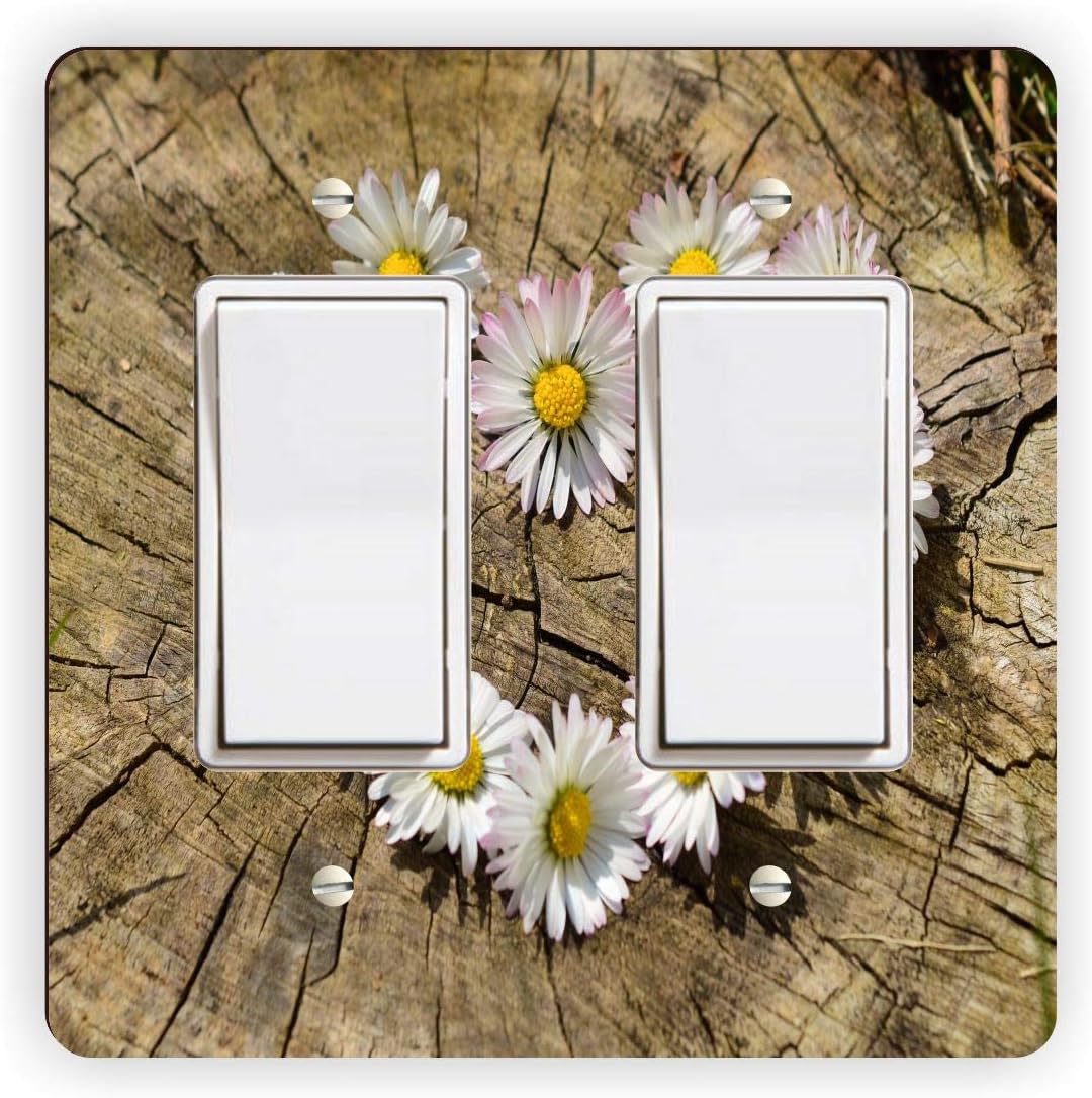 Daisy Heart Flowers on Tree Trunk Wood -Light Switch Plate Cover - Double GFI Double Rocker - Two Gang Switch Plate Cover Switch Plate Cover