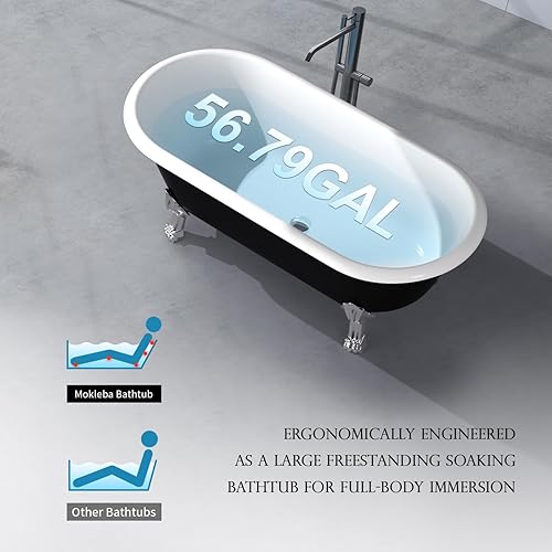 Miniatura 4 de Bañera independiente de acrílico de 59 pulgadas, bañera independiente con patas de garra, bañera de remojo con desbordamiento ranurado integrado,
