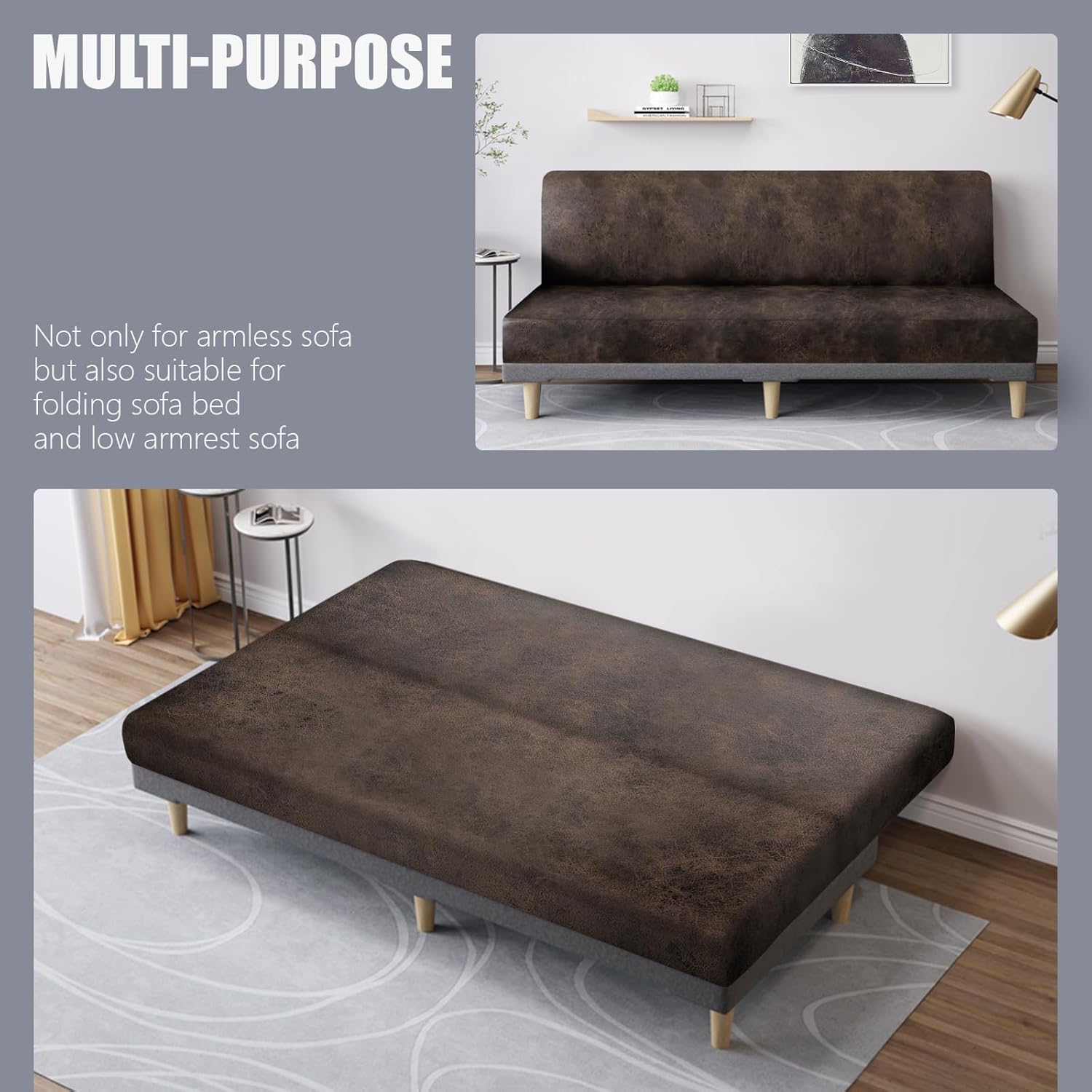 molasofa Leather Like Stretch Futon Slipcover Armless Futon Bed Sofa Cover Furniture Protector with Elastic Bottom, Soft and Washable Futon Cover for Sofa Bed Stay in Place（Larger，Dark Brown）