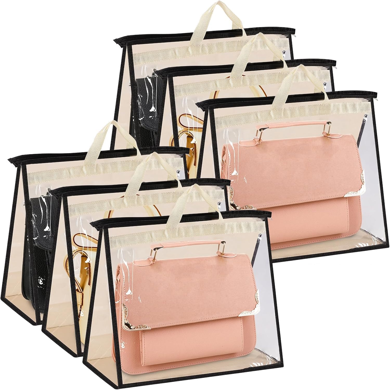 6 Pcs Dust Bags for Handbags, Purse Storage Organizer, Clear Dust Cover Bags with Zipper, Handles and Hooks (XL, Beige)