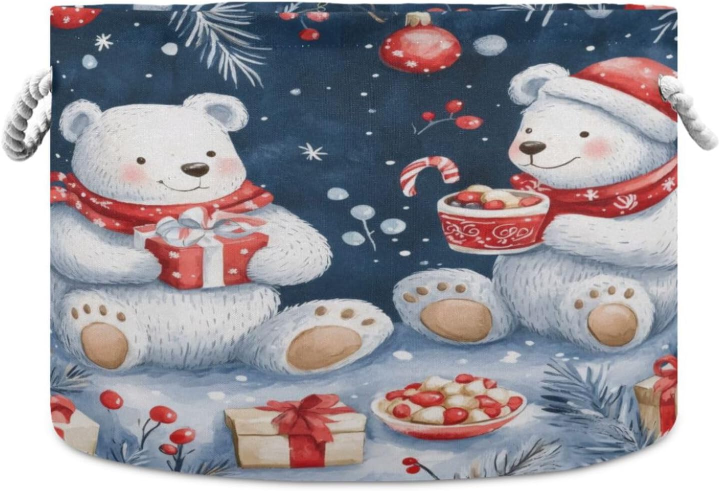 Christmas Bears Extra Large Storage Basket Decorative Laundry Basket with Handles, Rope Basket for Clothes, Blanket, Towel, 20 x 14 Inch