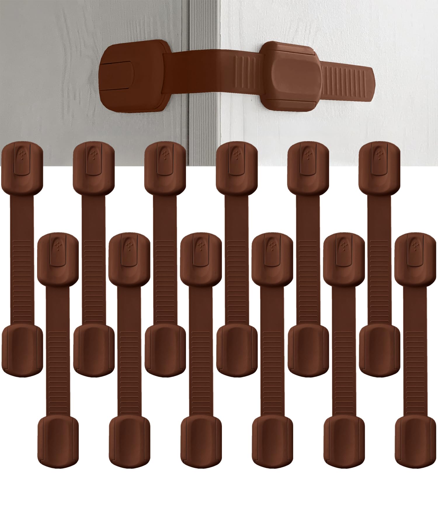 Bates- Child Safety Strap Locks, 12 Pack, Brown, Child Locks for Cabinets and Drawers