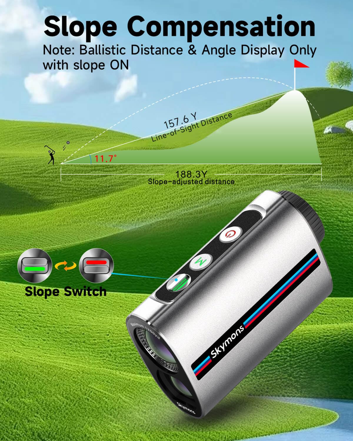 Télémètre laser de golf avec pente, télémètre 1200Y, vibration de verrouillage du mât de drapeau de 0,3 s, grossissement 7x, lentille de transmission de 95 %, verrouillage du drapeau avec vibration