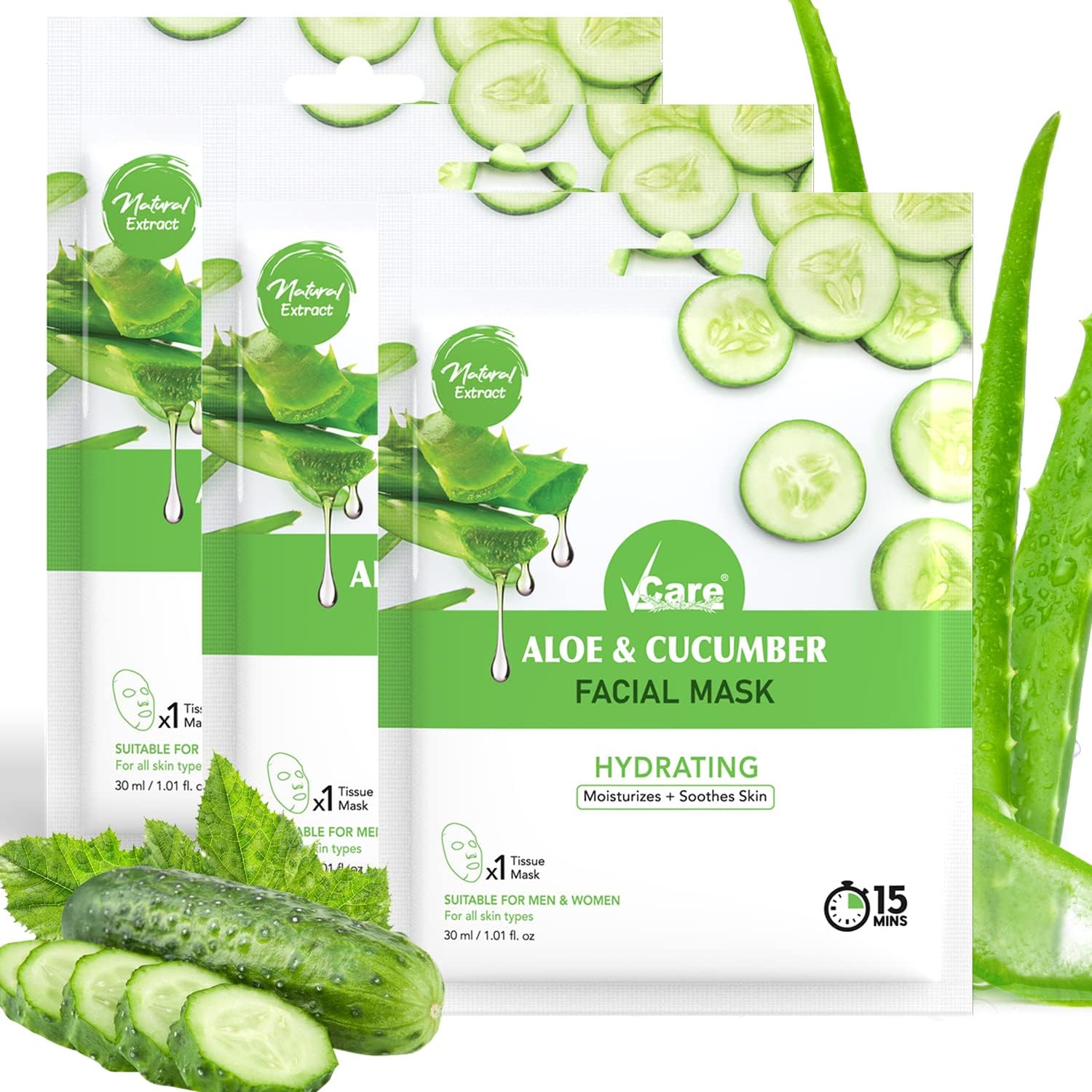 VCare Face Mask Sheets For Glowing Skin, Aloe Vera And Cucumber |Facial Skin Care Product For Women And Men For Smooth, Beauty Mask For All Skin Type, 3 Count