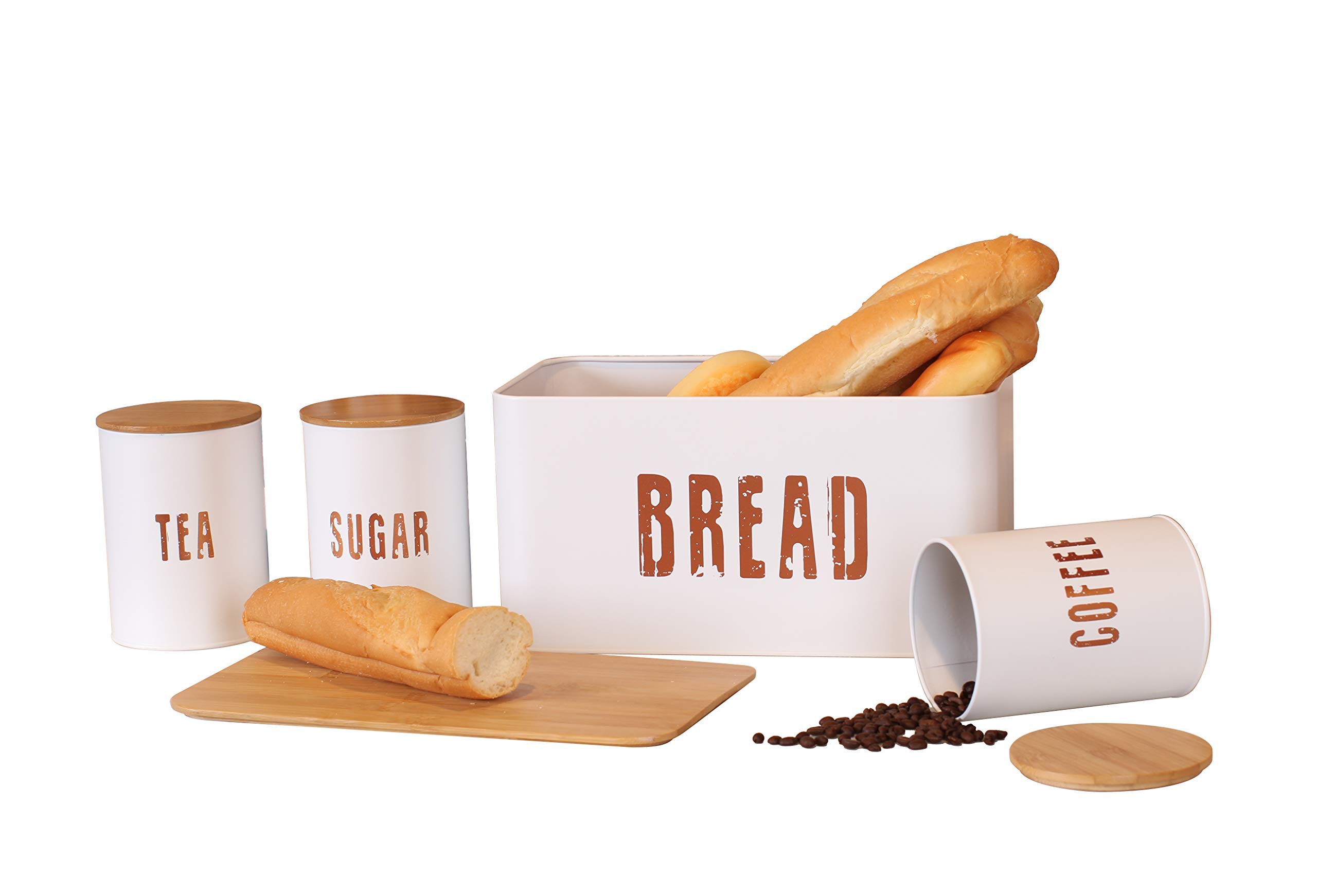 Noval Solutions Retro Matt White Coated Bread Bin plus Coffee, Tea and Sugar Canister Combo with Eco Bamboo Lids As Cutting & Serving Board.