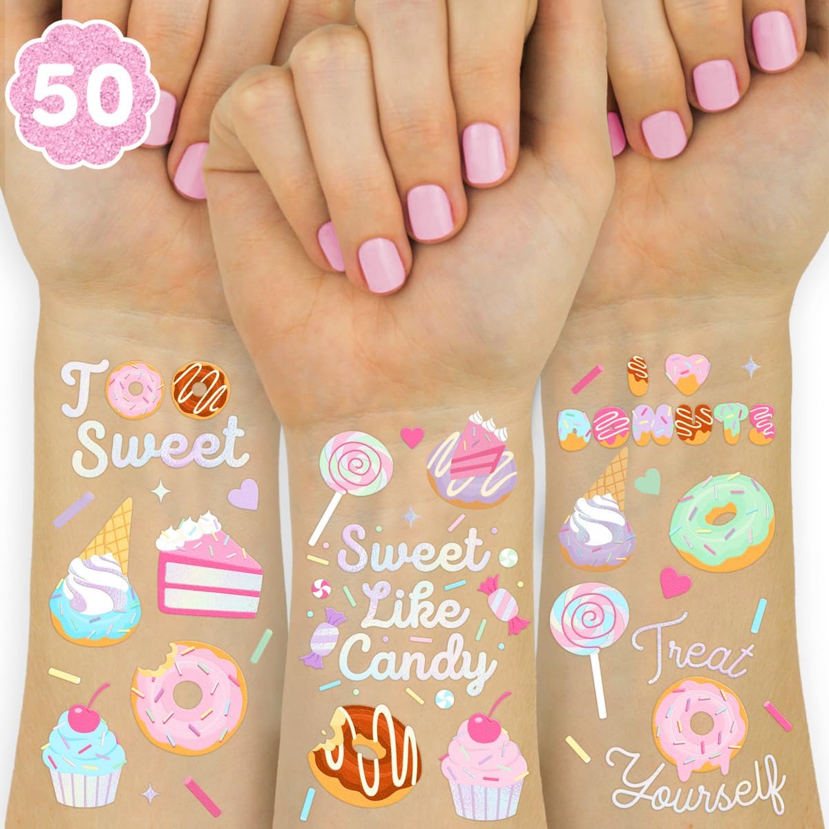 Donut Temporary Tattoos - 50 Iridescent Styles | Sweet One Birthday Decorations, Two Sweet Cupcake Party, Sassy Six, Fourever Dessert Supplies, Cotton Candy Favors