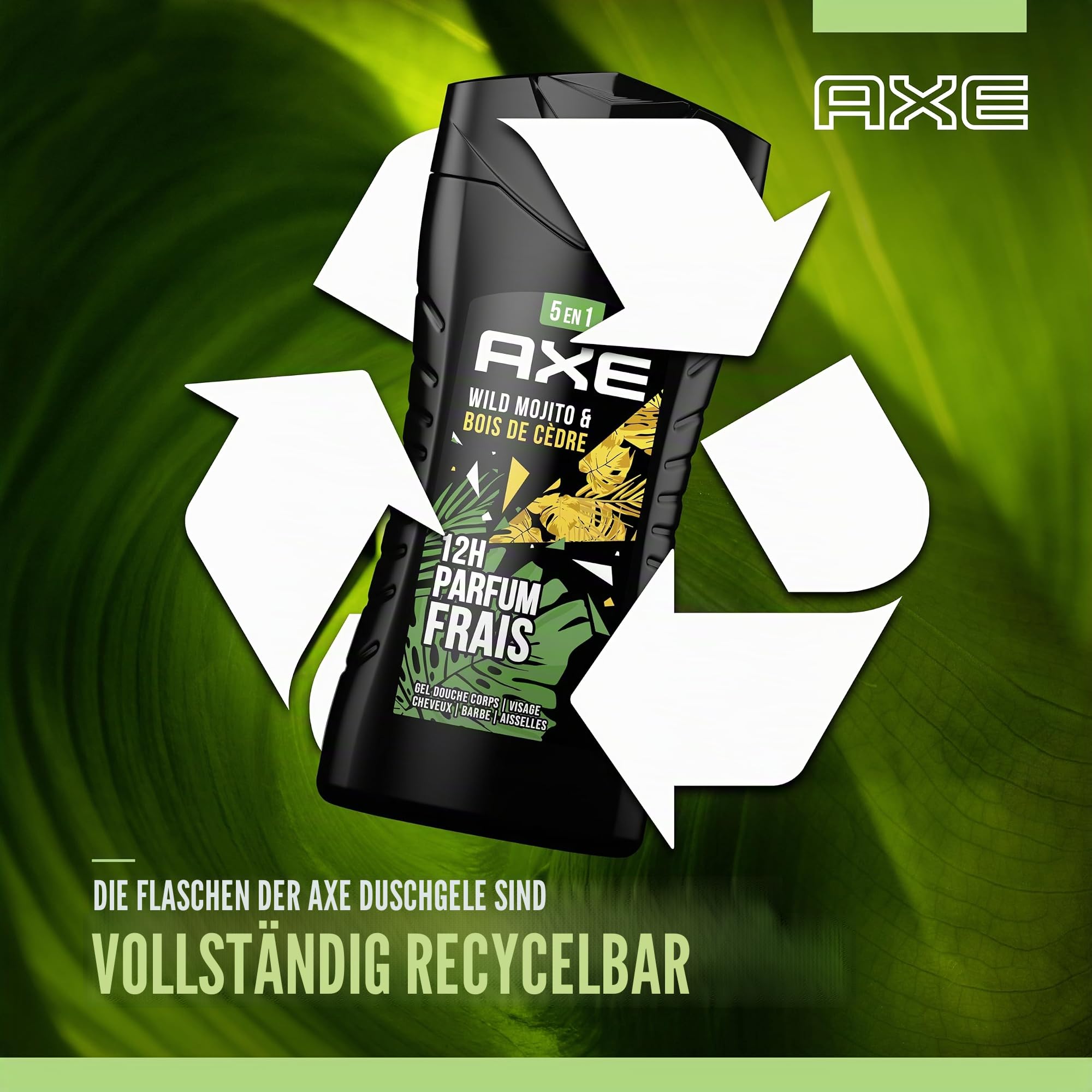 AXE - Duschgel für Herren, 5-in-1, Wild – 24 Stunden feuchtigkeitsspendend – 87% Inhaltsstoffe natürlichen Ursprungs – Duft Mojito & Zedernholz (12 x 250 ml)