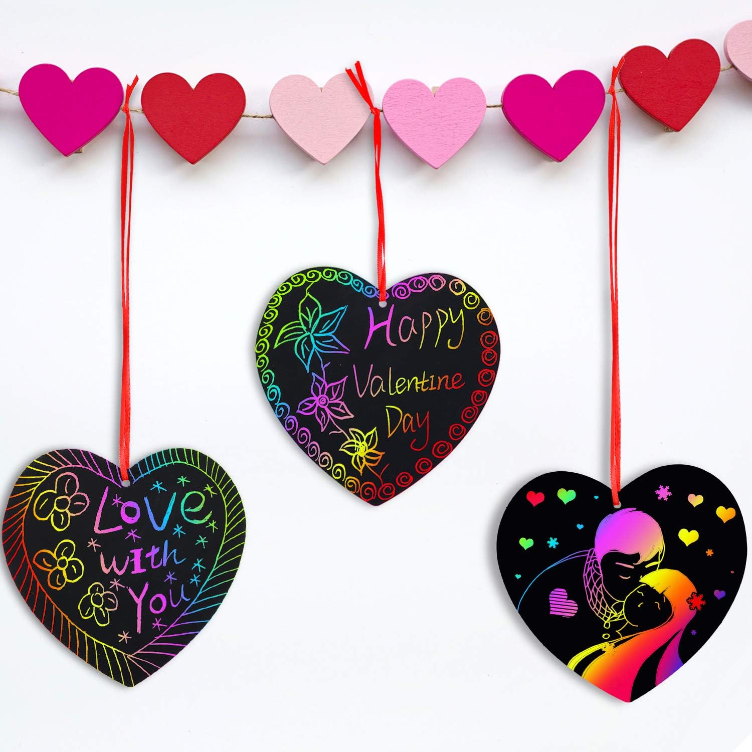 Blulu 60 Pcs Valentine Day Gifts Cards with Scratch Heart Shaped Scratch Paper Craft Art for DIY Valentine's Day Wedding Party Favor Decor