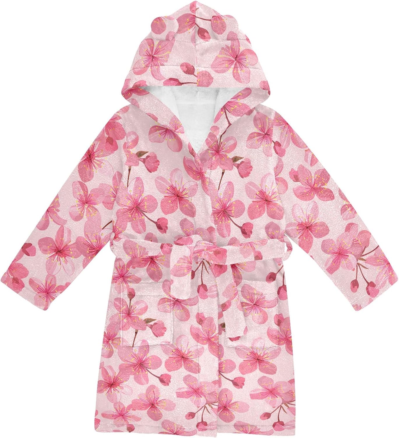 Pink Cherry Blossoms Toddler Hooded Bathrobe for Boys Girls Soft Plush Bath Towel Robe 2-12 Years