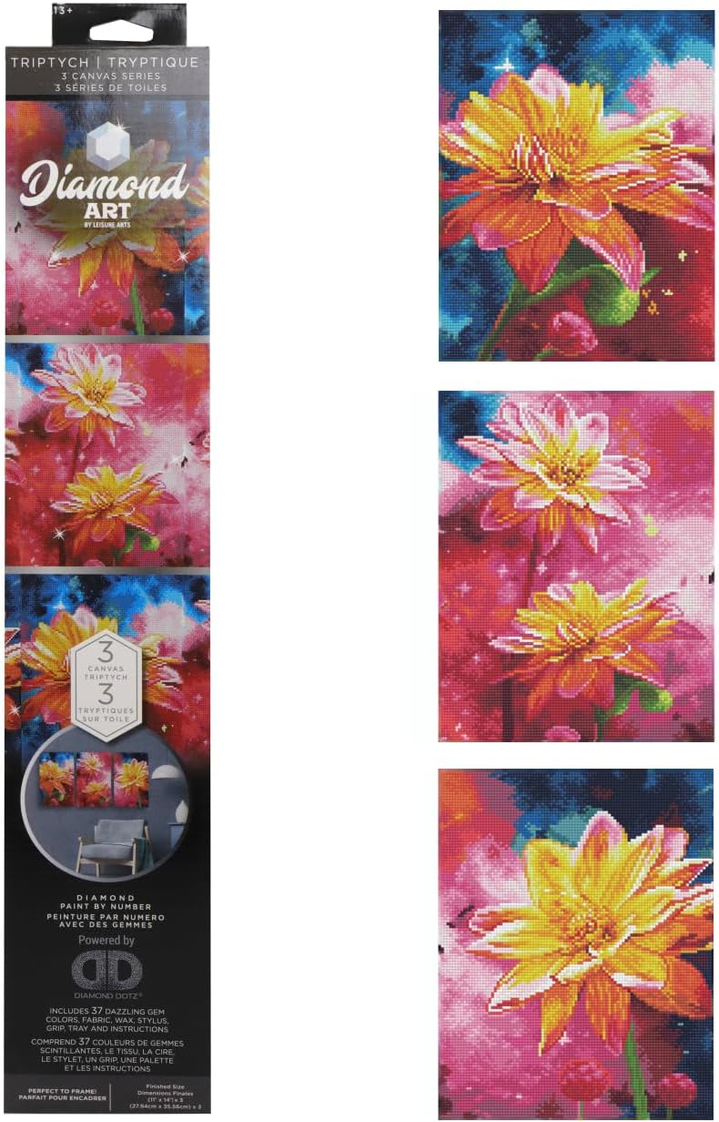DIAMOND ART BY LEISURE ARTS Diamond Painting Kits for Adults 11"X14" Advanced Triptych Yellow Flowers, Set of 3, Full Drill, Art Kits, Dimond Art, for Adults