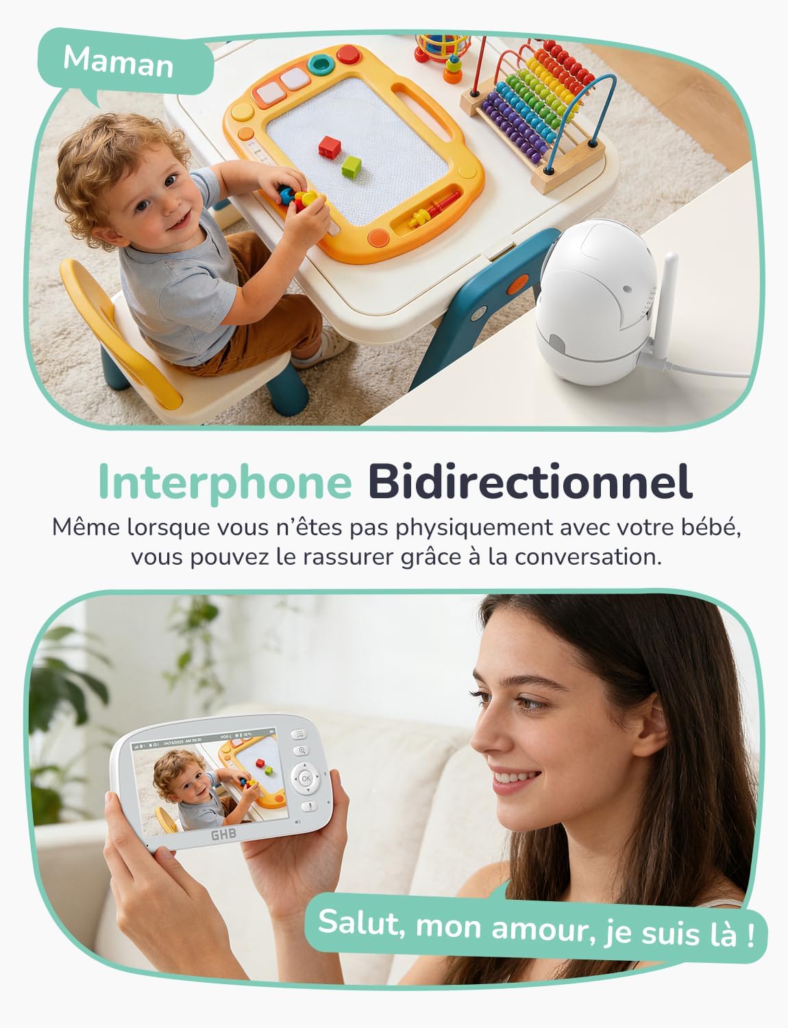 A mother holding the GHB Baby Monitor, smiling, with the screen showing her baby playing. Text indicates two-way communication.