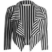 New Womens Black White Stripe Print Open Front Waterfall Crop Blazer Jacket Coat