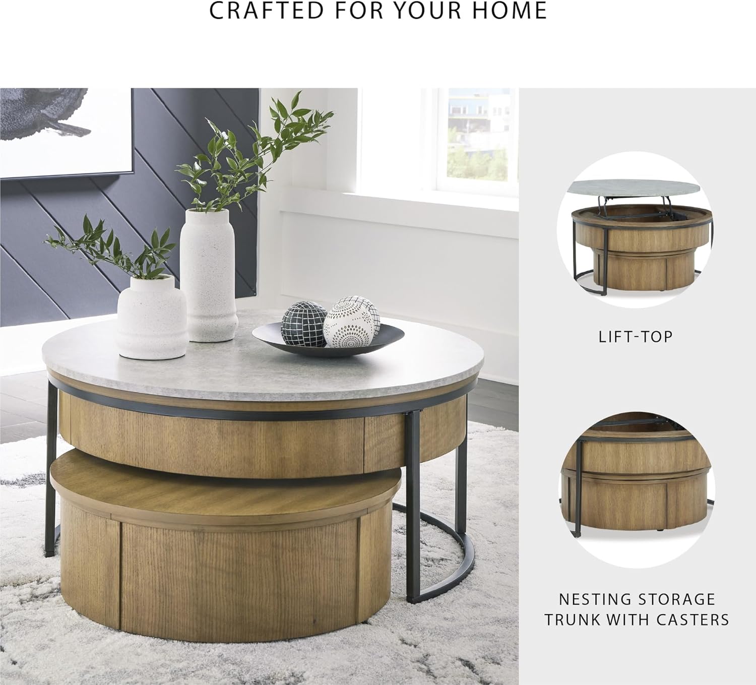 Signature Design by Ashley Fridley Contemporary Lift Top Flip Top Nesting Cocktail Tables with Hidden Compartment, Set of 2, Light Brown & Light Gray