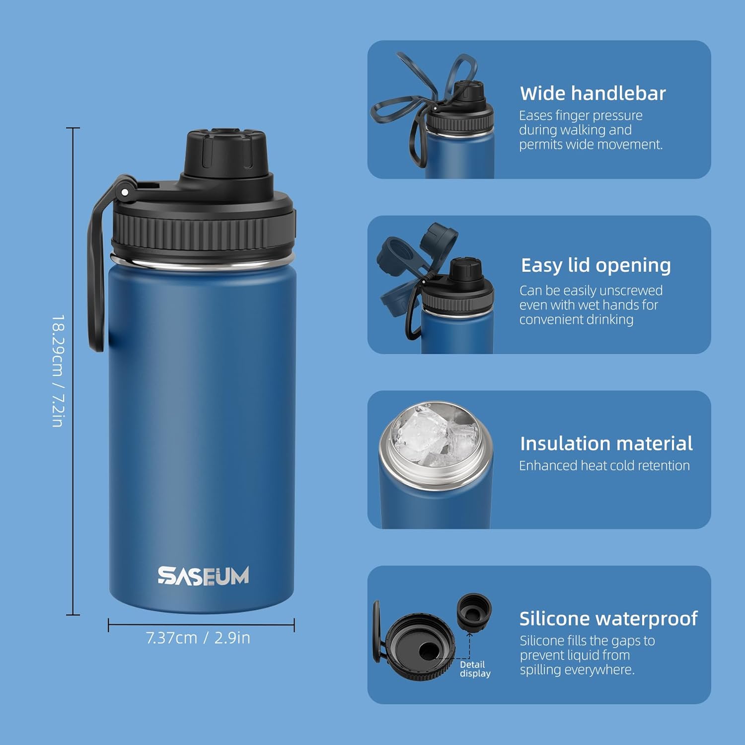 SASEUM Kids Sport Water Bottle 12oz Stainless Steel Double Wall Vacuum Thermal Mug with Leak Proof Spout Lids, Wide Mouth Metal Insulated Water Jug for Gym and Travel（Navy） - Image 2