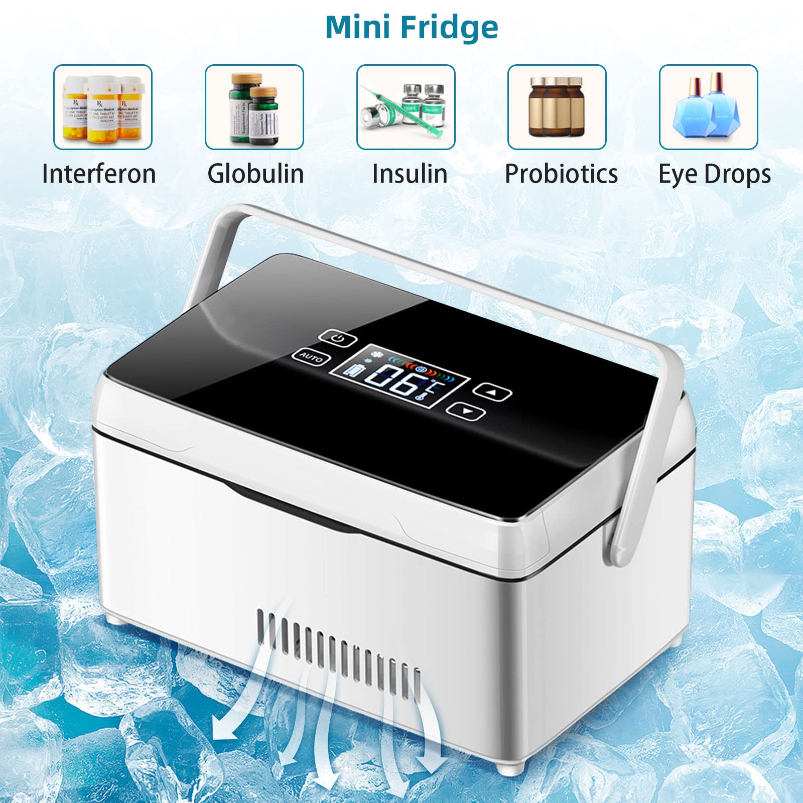 Refrigerador de medicamentos y Enfriador de insulina, Bolsa enfriadora portátil de Alta Capacidad de 2-18 °C, Mini Enfriador de insulina USB táctil Inteligente de Alta Capacidad 4xBattery