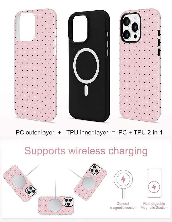 Jusy Compatible with MagSafe Polka Dot Case for iPhone 15 Pro Max, Cute Aesthetic Polka Dots Magnetic Phone Case, Soft TPU and Hard PC Protective Phone Cover for Women Girls（Matte） - Pink by Jusy - Used condition - Image 2
