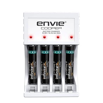 ENVIE (ECR 20 MC+4xAAA1100) Standard Charger ECR 20 MC for AA & AAA Ni-mh/Ni-Cd Rechargeable Batteries | LED Indicator | 600MA Output Current | with 4xAAA1100 Rechargeable Batteries