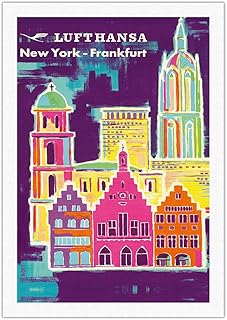 New York - Frankfurt - Lufthansa German Airlines - Vintage Airline Travel Poster by Hans Rott c.1960 - Fine Art Rolled Canvas Print 27in x 40in