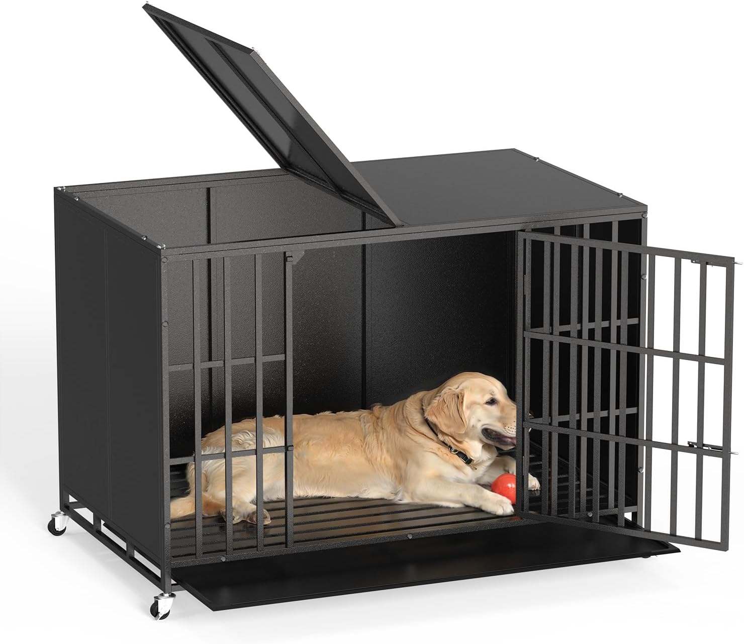 LEMBERI heavy-duty indestructible steel dog crate with lockable wheels for high-anxiety large dogs