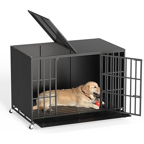 LEMBERI 48/42 inch Heavy Duty Indestructible Dog Crate, High Anxiety Extra Large Dog Cage for Large Dogs, XL Steel Escape Proof Dog Kennel with Wheels and Removable Tray (Black, 47.2*30.7*34.6 inch)