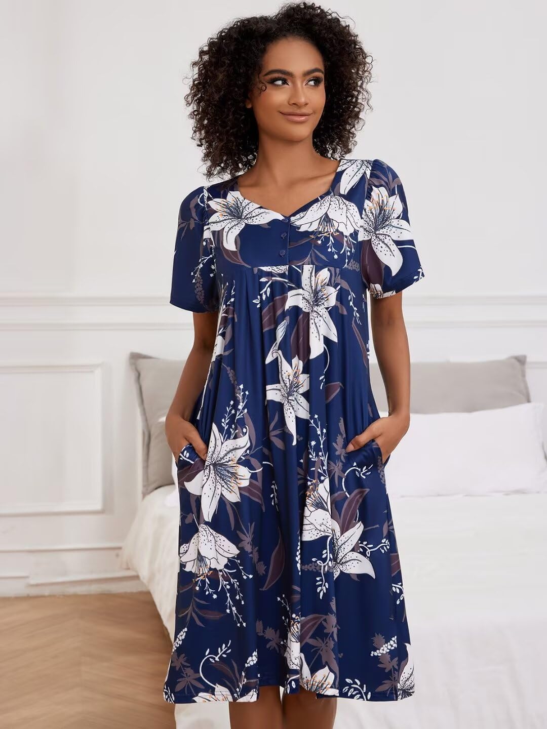 House Dresses for Women with Pockets Moo Moo Nightgown Short Sleeve Mumu Dress Lounge Dress S-5XL - Image 4