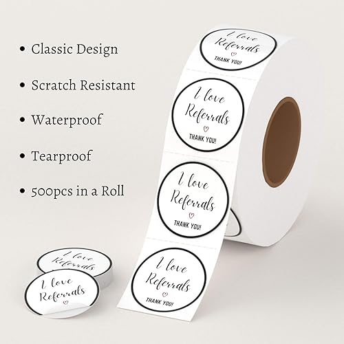 Miniatura 2 de Mobiusea Creation Rollo de calcomanías con texto en inglés "I Love Referrals", agradecimiento, 1.5 pulgadas, resistente al agua, 500 etiquetas para