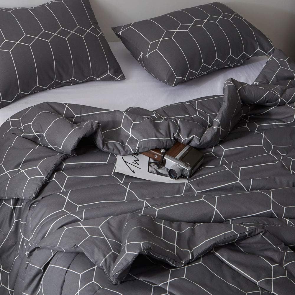 ATsense Comforter Set Queen, All Season 3-Piece 100% Cotton Fabric, Soft Microfiber Filled Bedding, Lightweight Reversible Duvet Insert (Charcoal Grey, SG004)