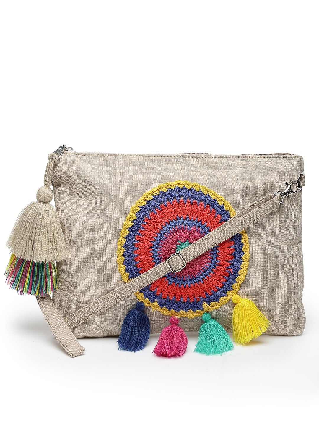 Anekaant Boho Natural & Multi Crochet Embellished Cotton Canvas Sling Bag (B0DB1R7SJ4) Amazon Price History, Amazon Price Tracker