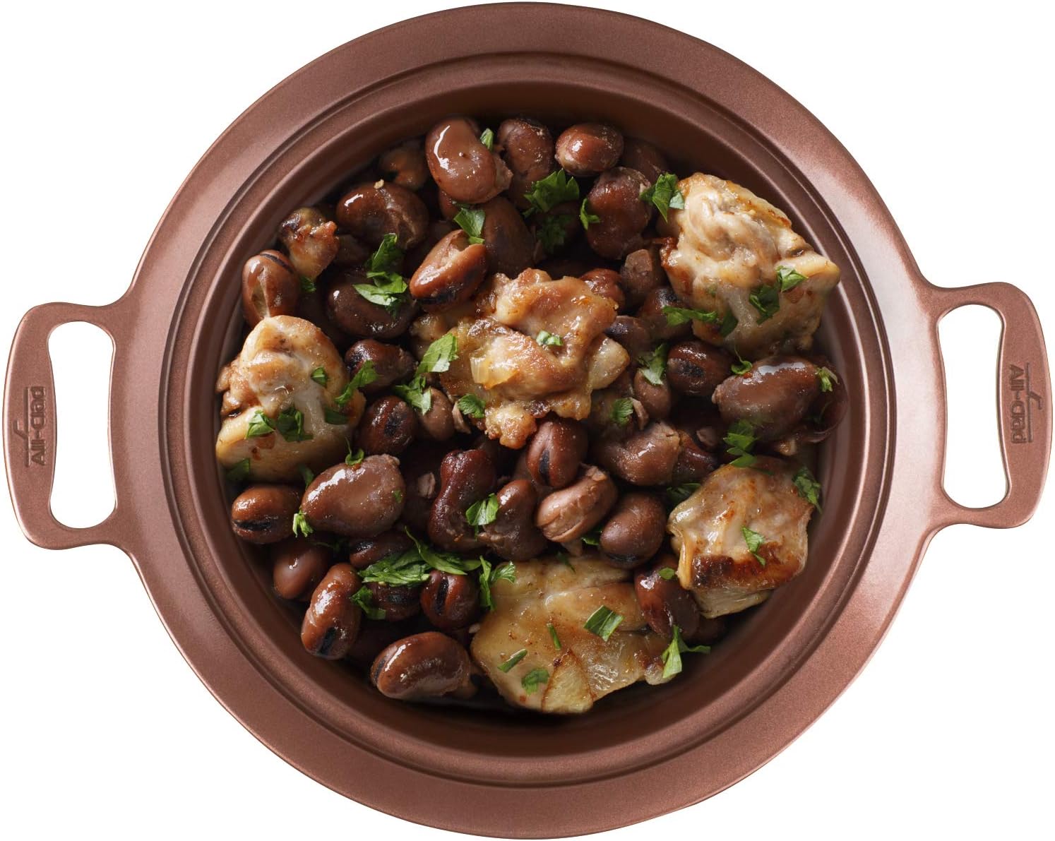 All-Clad Gourmet Slow Cooker SD492D50 with its removable insert, glass lid, steam bucket, and rice measuring cup.