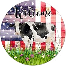 Round Metal Tin Sign Plaque Welcome Sign Weathered USA Flag Flowers Lawn And Cows Vintage Wreath Sign Door Home Sign Plaque Rusty Metal Art Prints for Patio Patio Patio Decoration 12 Inch