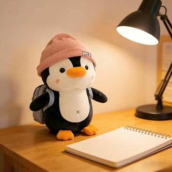 ARROMI Penguin Plush, Soft Plush Penguin with Pink Hat, Bedtime Snuggle Buddy, Room Decoration, Ideal as a Playtime Companion, Soft Stuffed Animals for Cuddling, Playing and Decor