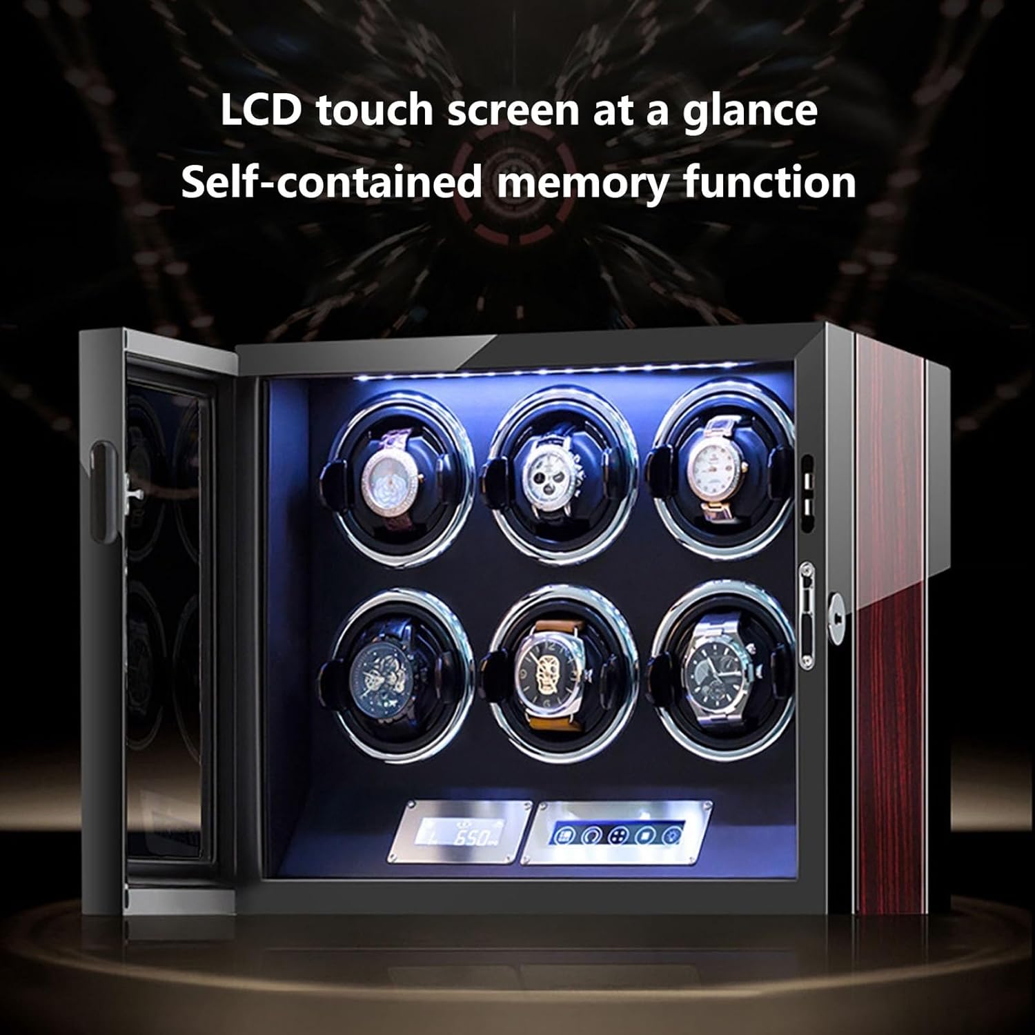 Automatic Watch Winder with Led Light Watch Winding Box with Retractable Pillow and Japanese Quiet Motor Open Lid Design Easy Access Ac Adapter Or Battery Powered,Ebony Grain-2+0