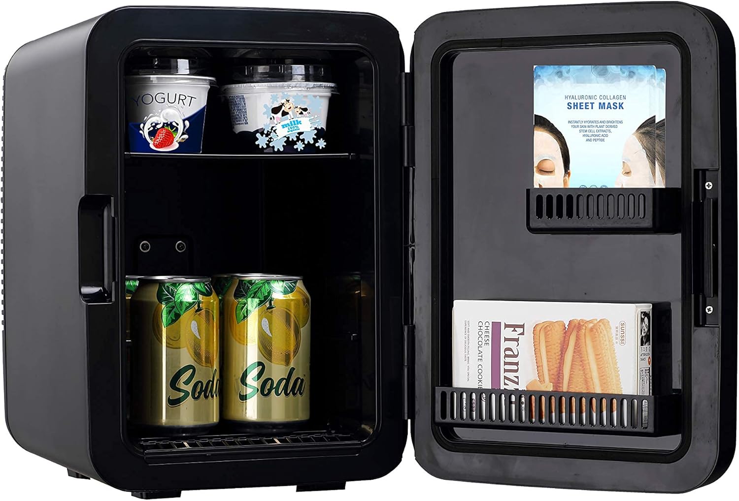 Interior of FRIGIDAIRE Mini Fridge with snacks and drinks