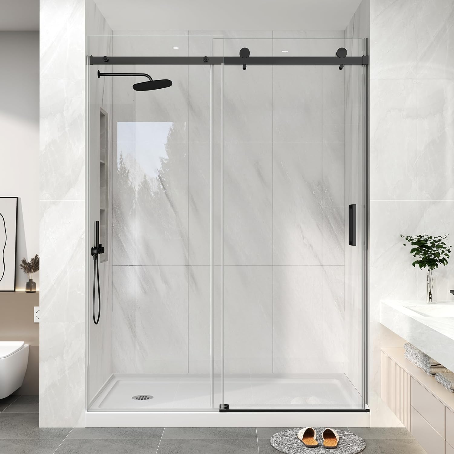 KPUY Frameless Shower Door, 55-60" W x 76" H Sliding Glass Shower Door, 1/4" (6mm) Thick Tempered Clear Glass with Explosion-Proof Film Nano Coating in Matte Black Finish