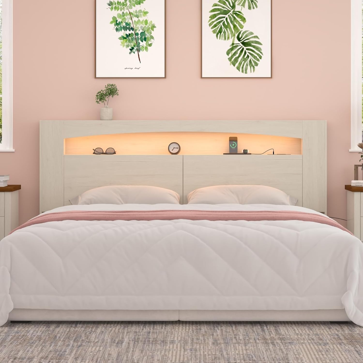 Queen Size Headboard Only, Sturdy Wood Bed Backboard with Solid Wood Legs, 3 Storage Zones, Unique Skirting Groove, High Load Capacity, 15mm Thick Construction (Off-White, Queen (U.S. Standard))