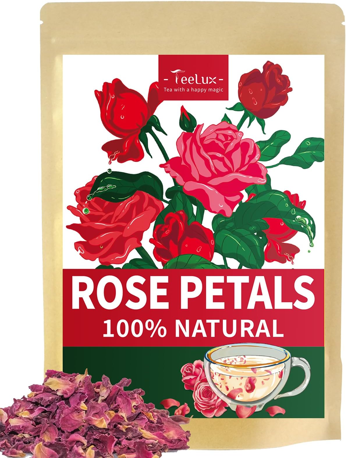 TeeLux Rose Petals Tea, Premium Food Grade Dried Rose Flowers for Drinks, Baking, DIY Beauty, Crafts, All Natural, Caffeine Free, 2.82oz
