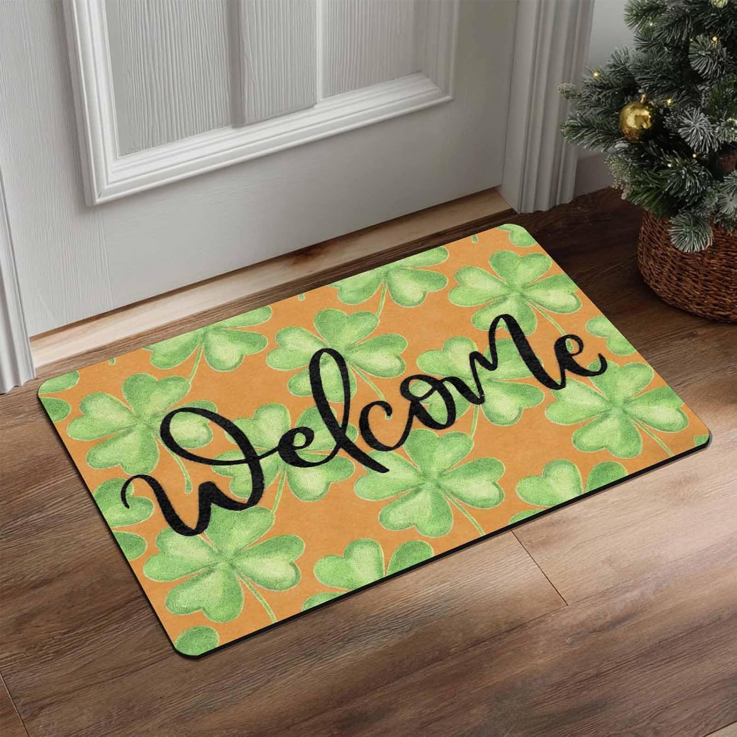 St. Patrick's Day Welcome Door Mat Green Shamrock Clover Decorative Rug Non Slip Indoor Outdoor Entrance Mat for Front Porch Home Decor 18 x 30 Inch