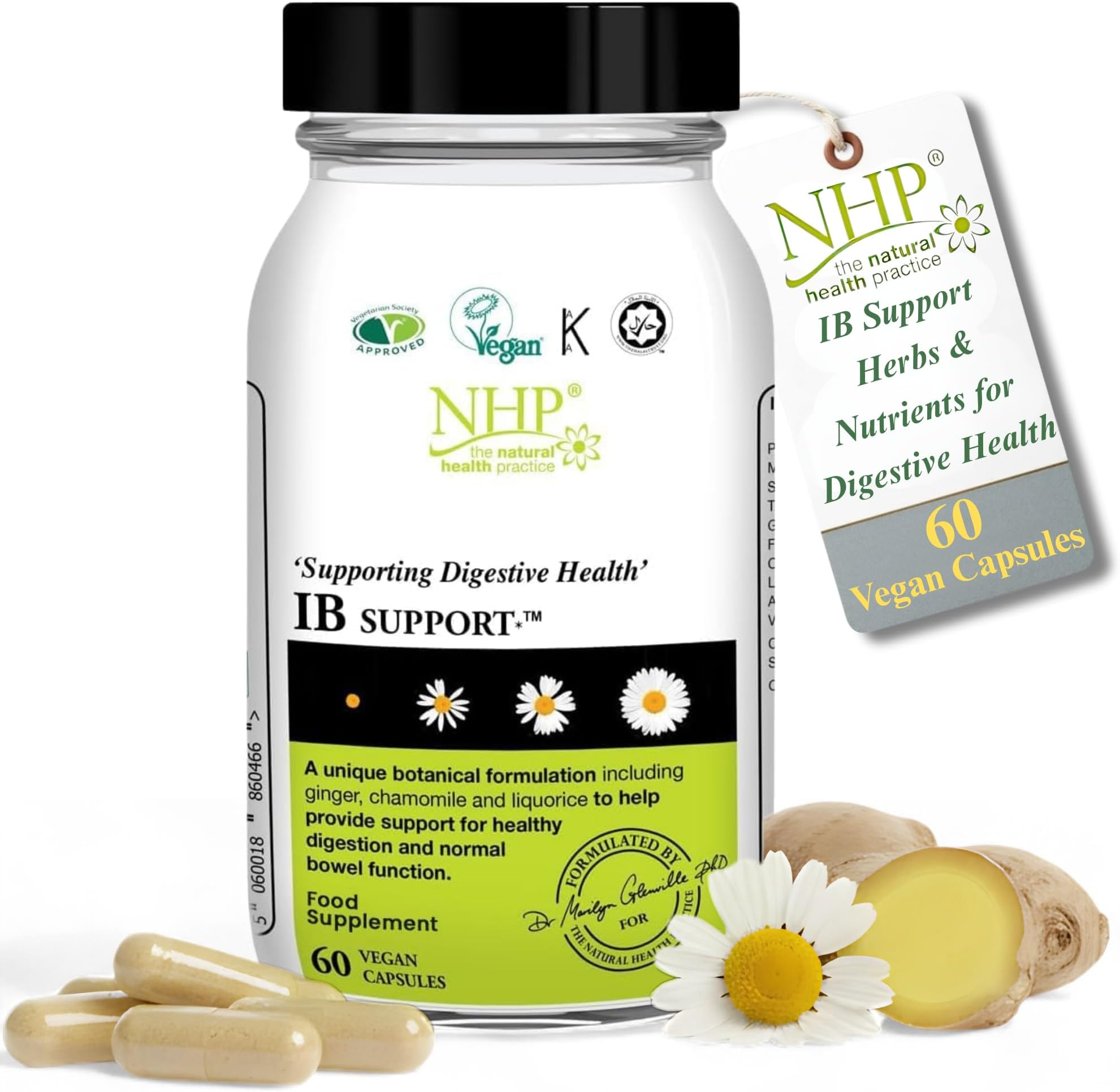 NHP Advanced IB Support Supplement 60 Vegan Capsules–Digestive Formula with Peppermint Slippery Elm Ginger Turmeric Gluten Free for Bloating IBS Relief Gut Health Bowel Comfort & Immune Health