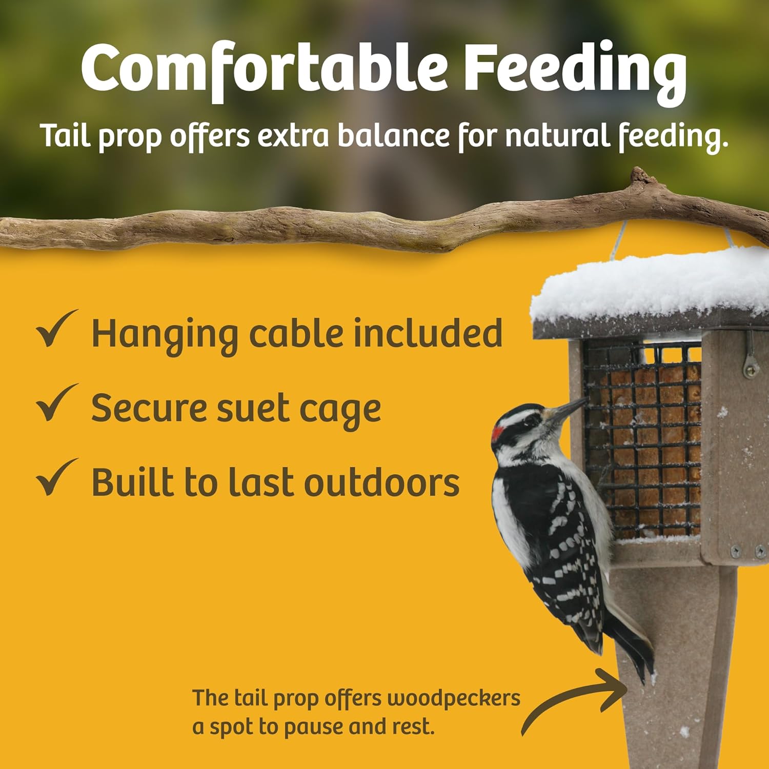 Birds Choice Pileated Suet Bird Feeder with Extra Long Tail Prop, Holds 2 Suet Cakes - Made from Durable Recycled Material, Taupe Base w/ Brown Roof, 8"L X 3"W X 22-1/2"H